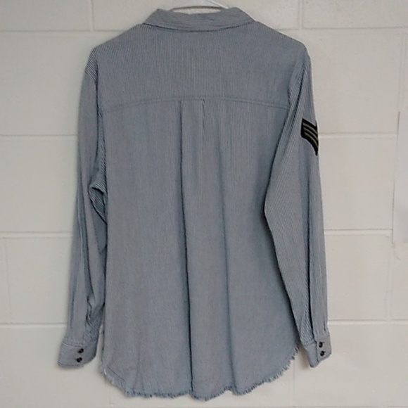 TRIBAL JEANS STREETWEAR RAW HEM MILITARY SOFT WORN DENIM CHAMBRAY STRIPE SHIRT - Picture 2 of 13